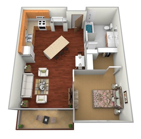 Floor plan for 1 bed, 1 bath, 668 sqft